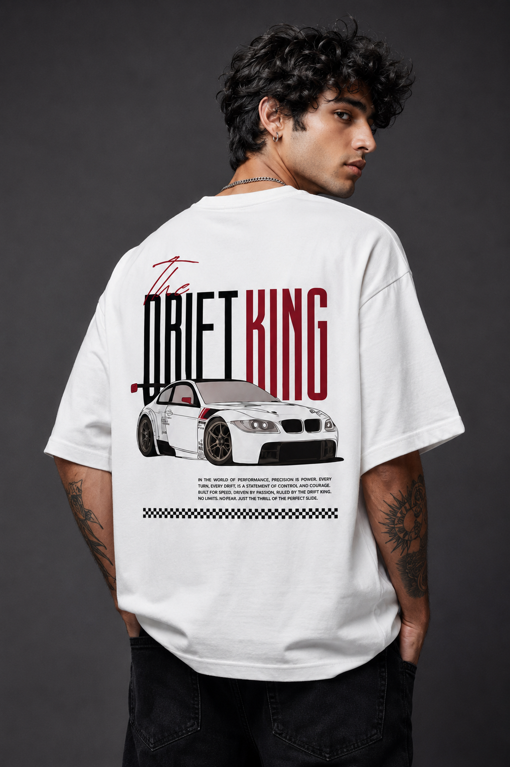 The Drift King Oversized Graphic T-Shirt is crafted for those who live life in the fast lane.